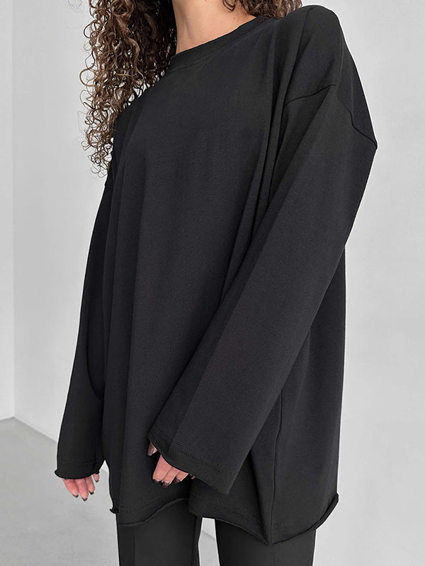 xakxx Long Sleeves Loose Solid Color Round-Neck T-Shirts Tops