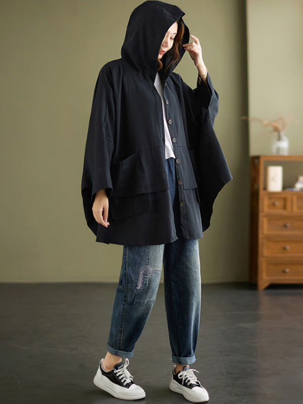 xakxx Loose Solid Color Buttoned Hooded Long Sleeves Trench Coat