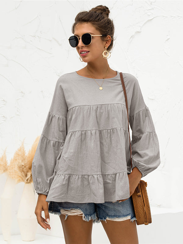 xakxx Casual Long Sleeves Puff Sleeves Solid Color Round-Neck T-Shirts Tops