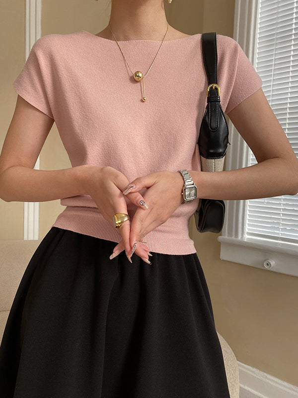 xakxx Stylish Loose Solid Color Boat Neck Knitwear Pullovers Tops