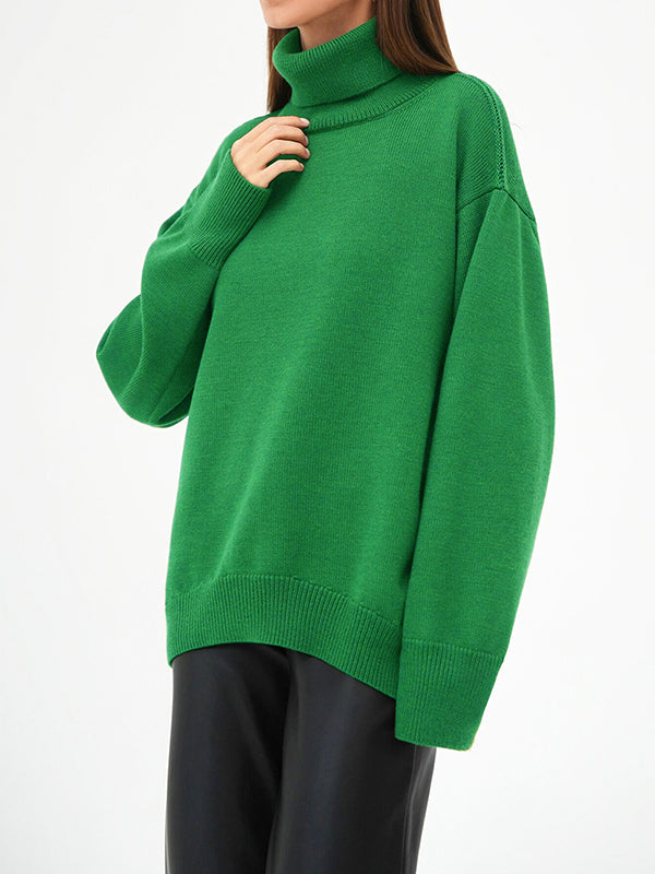 xakxx Long Sleeves Loose Solid Color High Neck Knitwear Pullovers Sweater Tops