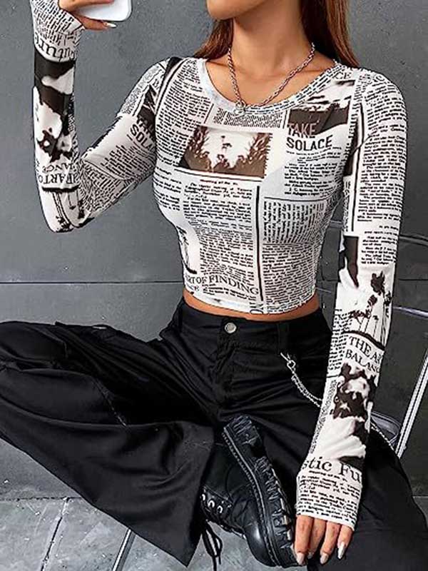 xakxx Long Sleeves Skinny Letter Print Round-Neck T-Shirts Tops
