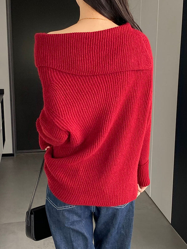 xakxx Long Sleeves Loose Solid Color Off-The-Shoulder Knitwear Pullovers Sweater