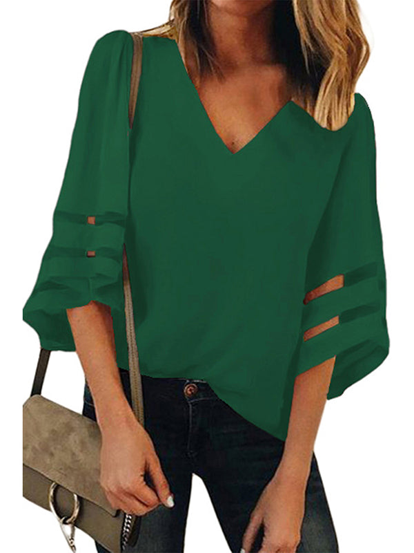 xakxx Loose Solid Color Split-Joint V-Neck T-Shirts Tops