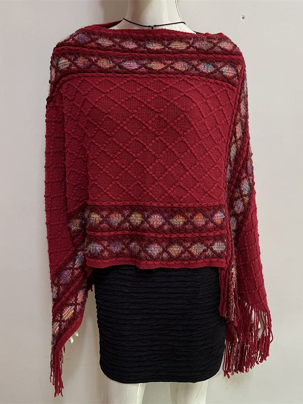 xakxx Loose Asymmetric Tasseled V-Neck Cape Shawl&Cloak