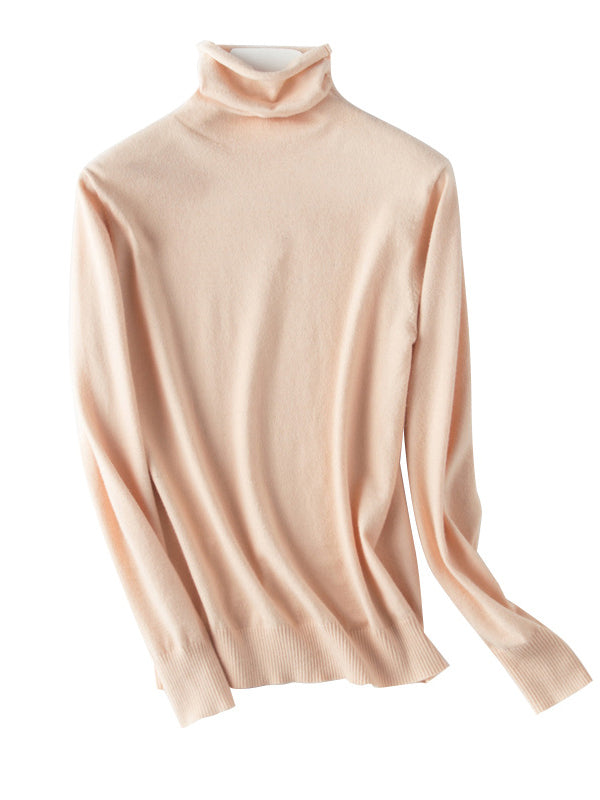 xakxx Simple Loose Long Sleeves Solid Color High-Neck Sweater Tops