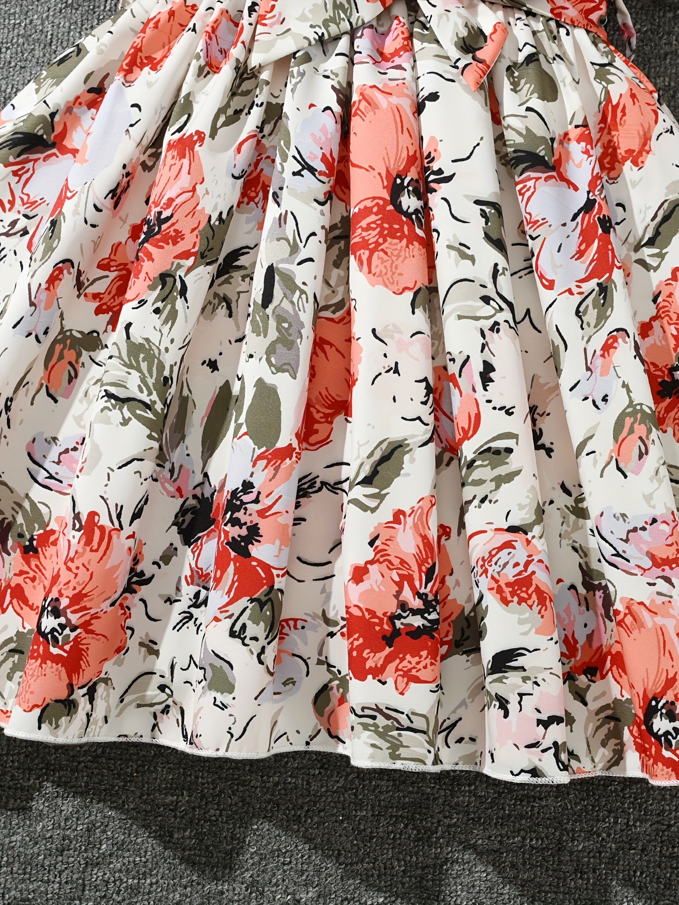 Girls Midi Floral Spliced Casual Dress with Belt - Ribbed Textured, Puff Short Sleeves, Trapeze Hem, and Medium Stretch Polyester Fabric for Summer Vacation Wear