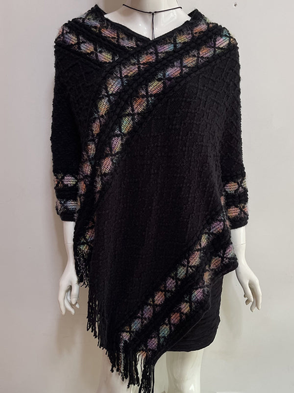 xakxx Loose Asymmetric Tasseled V-Neck Cape Shawl&Cloak
