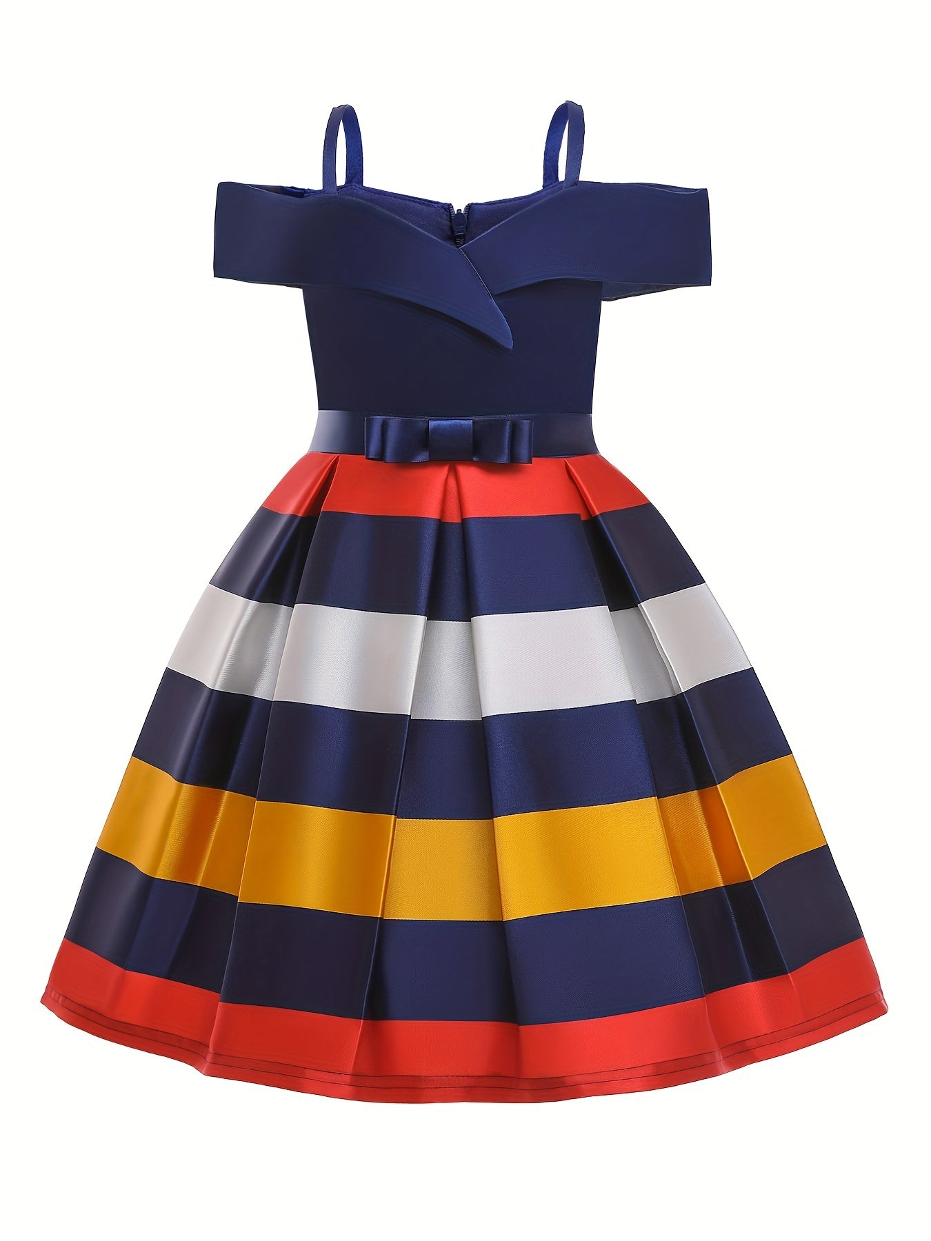 Knee-High Off-the-Shoulder Color Block Pleated Princess Dress for Girls - Sleeveless, Flared Hem, Cotton Lined, Non-Stretch Polyester Fabric, Hand Wash Only - Perfect for Piano Performance, Wedding, Birthday Party, and Evening Occasions