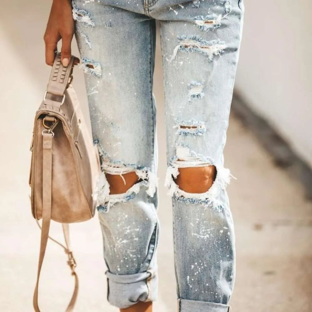 with Tears to Show Thin Wash Women's Jeans Pants