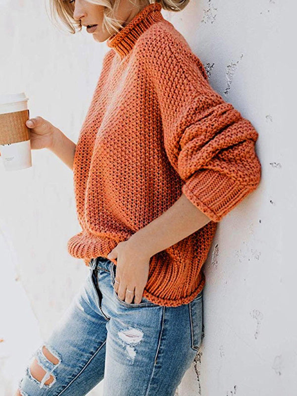 xakxx Casual Long Sleeves Solid Color High-Neck Sweater Tops