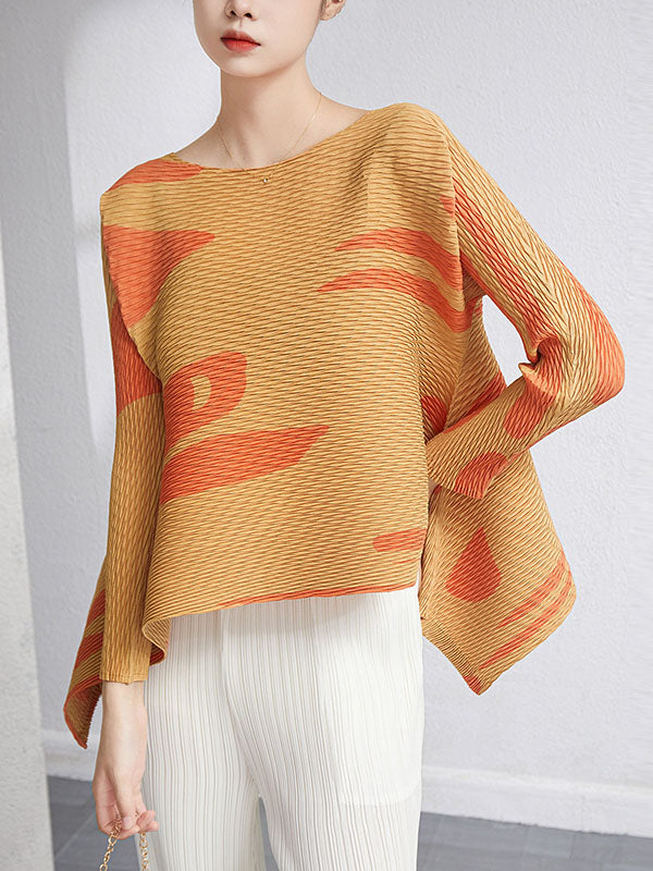 xakxx Casual Irregularity Loose Printed Pleated Round-Neck T-Shirts Tops