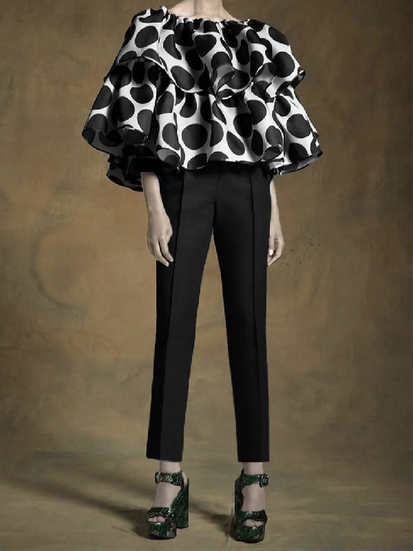 xakxx Trendy Tops Loose Tiered Falbala Polka Dot Blouses&Shirts Tops