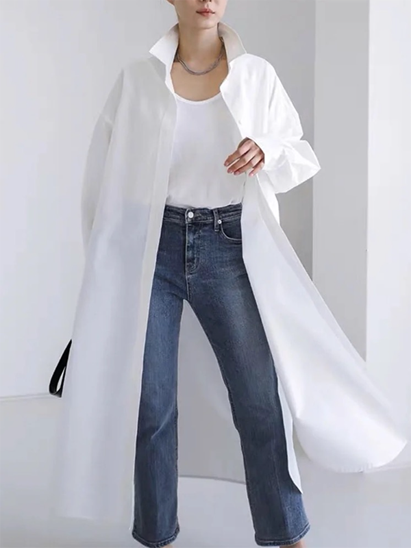 xakxx Long Sleeves Loose Buttoned Solid Color Split-Side Lapel Collar Shirt Outerwear