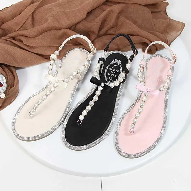 Sandals Women sandals new summer shoes flat pearl sandals comfortable string bead beach slippers casual sandals pink white blackL464