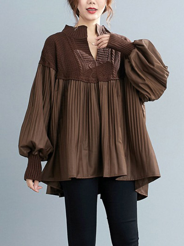 xakxx Stylish Knitting Split-Joint Puff Sleeve Shirt Pullover Top