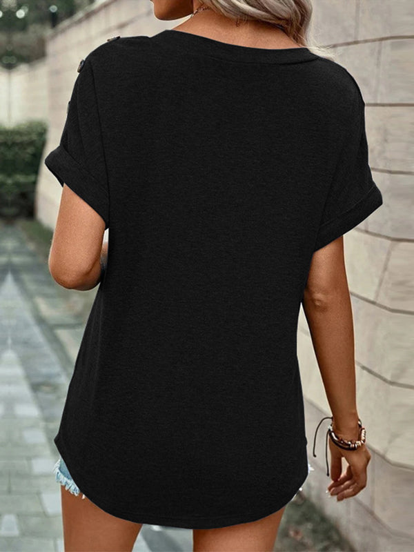 xakxx Loose Short Sleeves Buttoned Solid Color V-Neck T-Shirts Tops