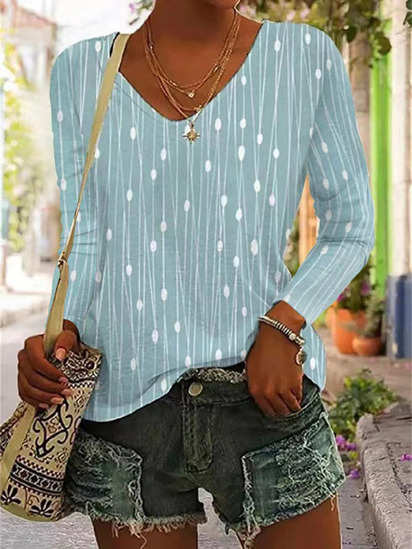 xakxx Long Sleeves Loose Printed V-Neck T-Shirts