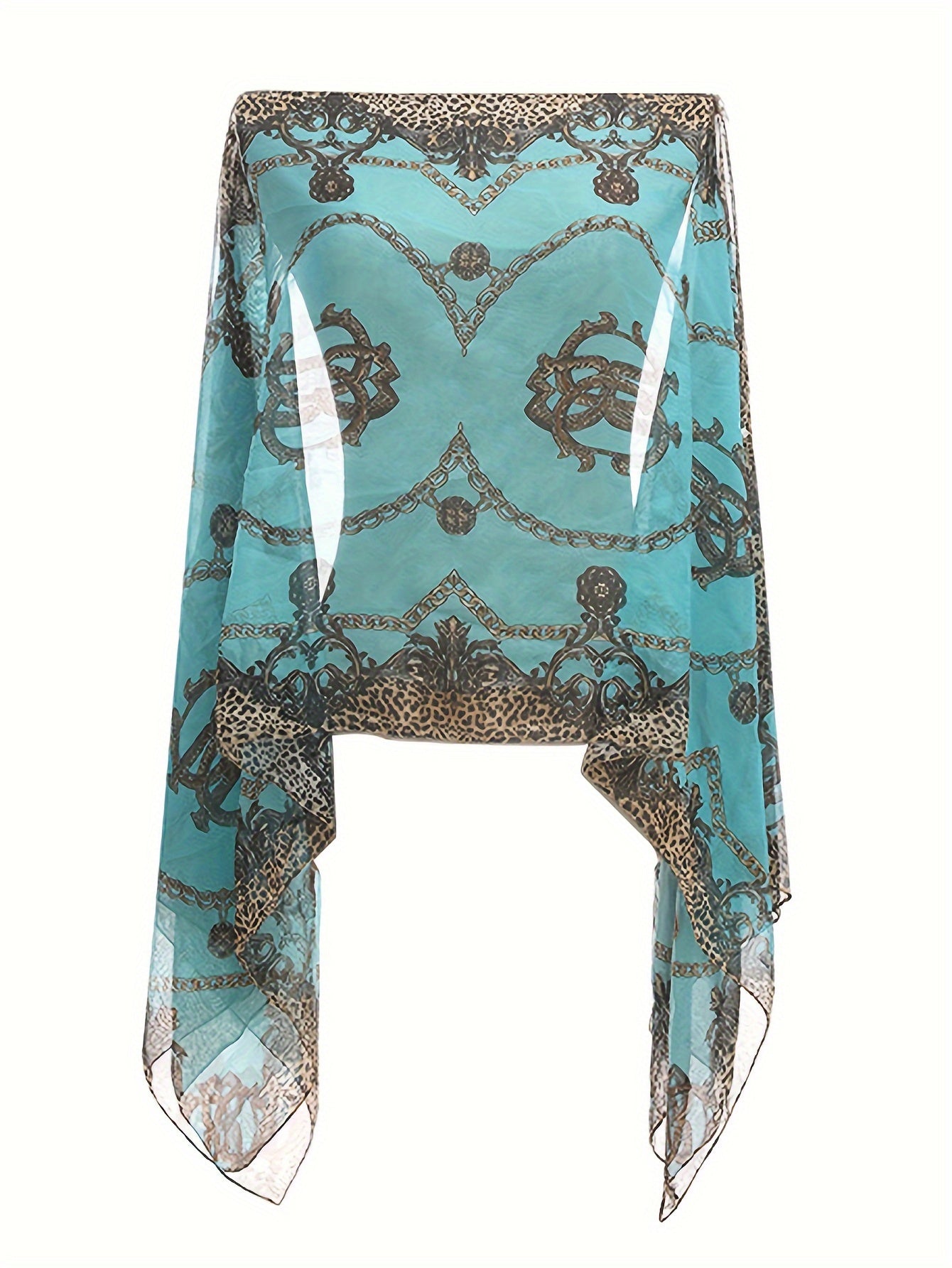 Plus Size Elegant V Neck Shawl Top - Long Sleeve, Semi-Sheer, Positioning Printed, Middle East Style, Woven Polyester Blouse for Spring, Summer, and Fall - Chic Womens Clothing for Curvy Figures