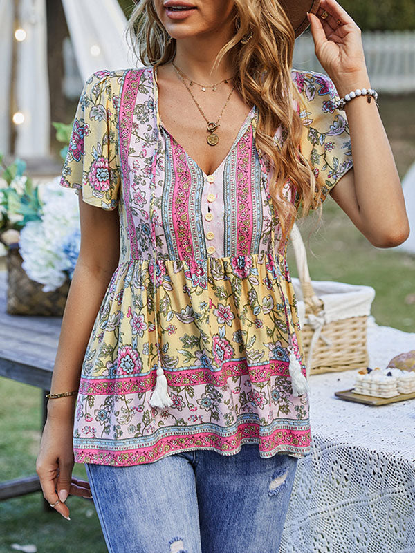 xakxx Loose Short Sleeves Buttoned Flower Print Split-Joint Tasseled Tied V-Neck T-Shirts Tops