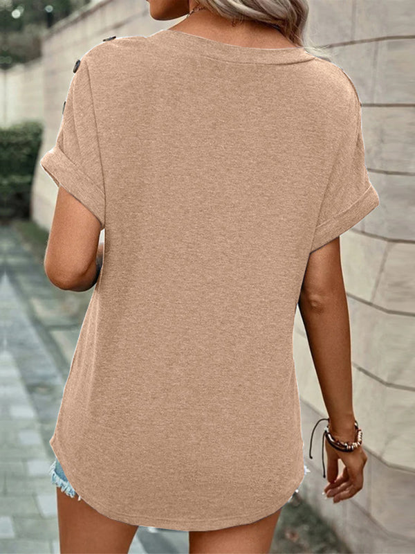 xakxx Loose Short Sleeves Buttoned Solid Color V-Neck T-Shirts Tops