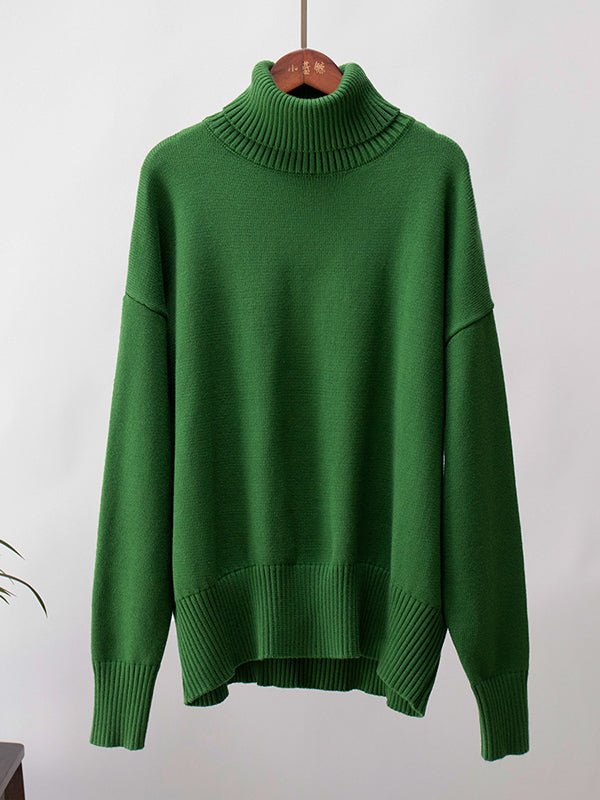 xakxx Long Sleeves Loose Solid Color High Neck Knitwear Pullovers Sweater Tops