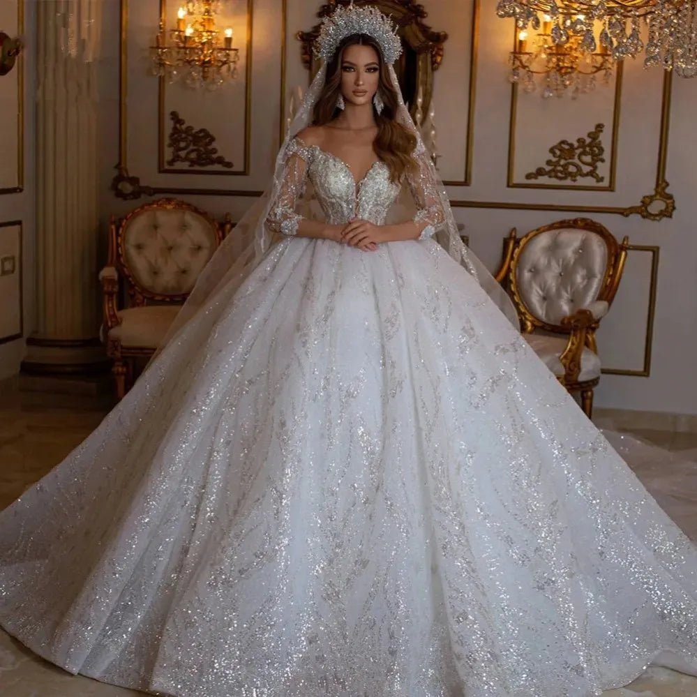 Luxurious Ball Gown Wedding Dress V Neck Off The Shoulder Vestido De Novia Lace Sequined Elegant Robe De Mariee Bridal Dresses