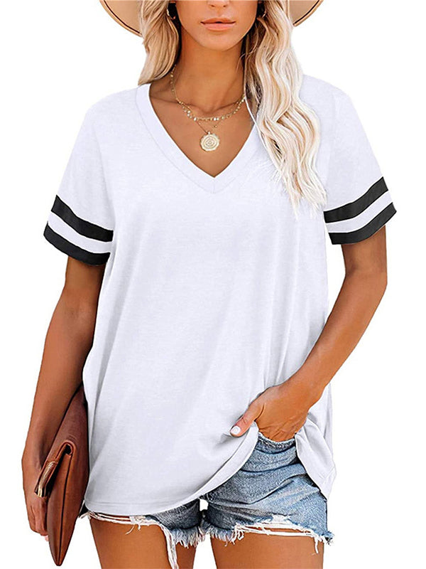 xakxx Loose Short Sleeves Contrast Color Striped V-Neck T-Shirts
