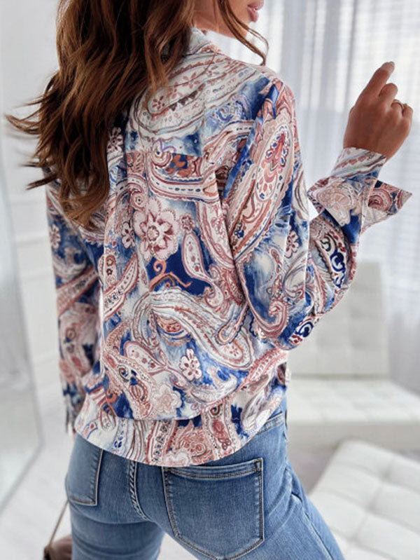 xakxx Long Sleeves Loose Printed Lapel Blouses
