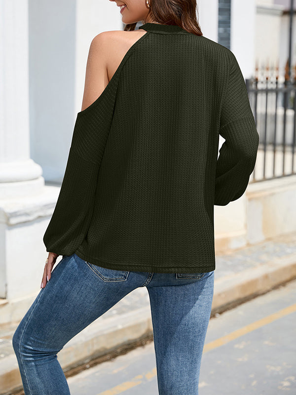 xakxx Loose Hollow Solid Color One-Shoulder Shirts