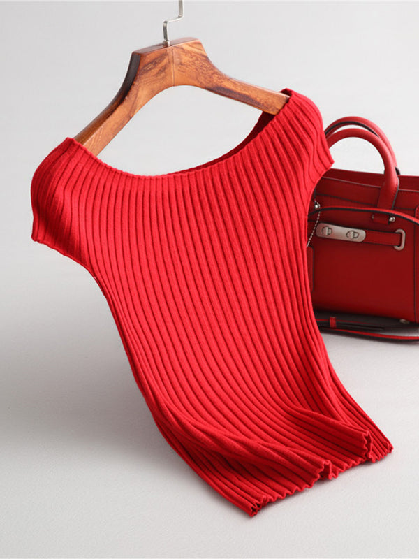 xakxx Short Sleeves Skinny Solid Color Boat Neck Knitwear Pullovers Sweater