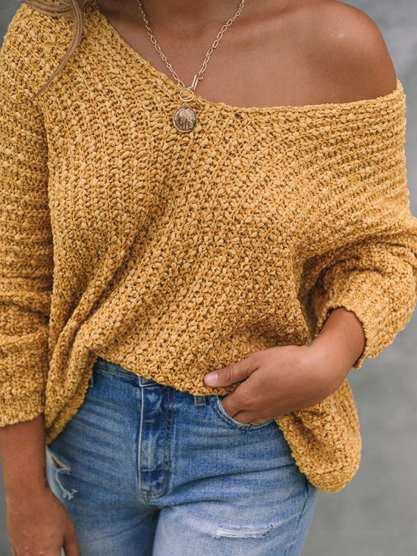 xakxx Long Sleeves Loose Solid Color V-Neck Knitwear Pullovers Sweater Tops