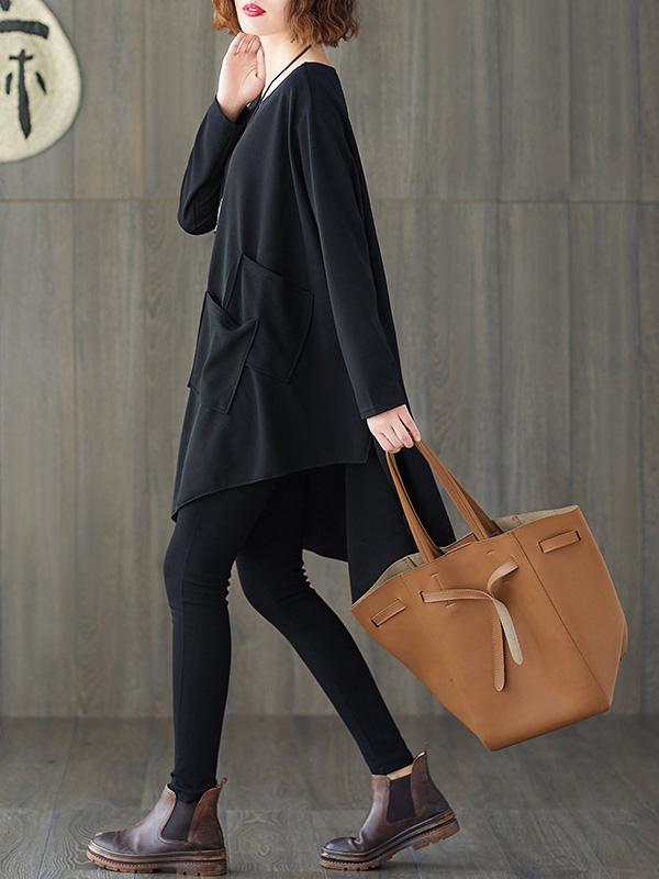xakxx Loose Black Cropped Solid Long Sleeve T-Shirt