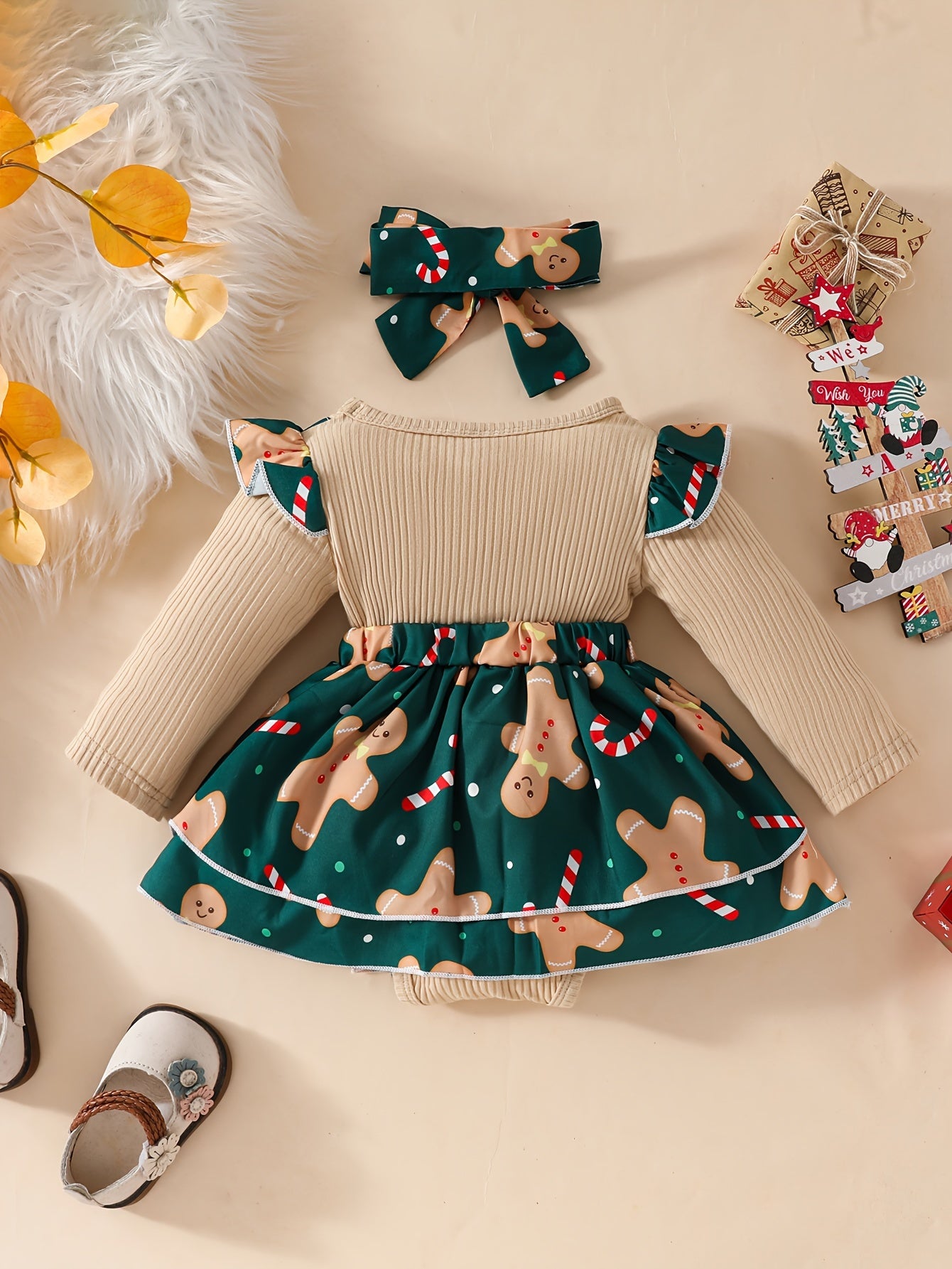 Baby's Christmas Element Patchwork Faux Two-piece Ribbed Long Sleeve Romper Dress + Hairband, Infant & Toddler Girl's Dress For Daily Wear/Holiday/Party, As Gift