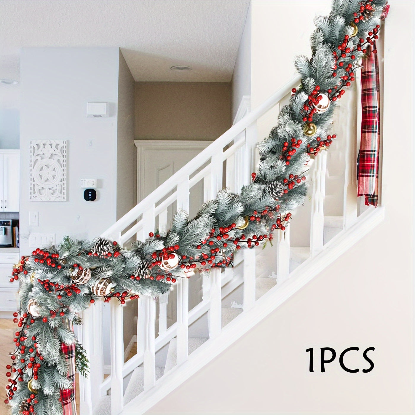 Vintage Style 74.8inch Artificial Pine Christmas Swag - Plastic Faux Fir Garland with Flowers Theme - No Power Needed, Feather-Free - Perfect for Holiday Decorations, Christmas, Halloween, Hanukkah