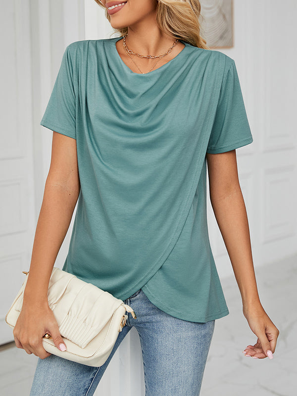 xakxx Loose Short Sleeves Pleated Solid Color Split-Joint Round-Neck T-Shirts