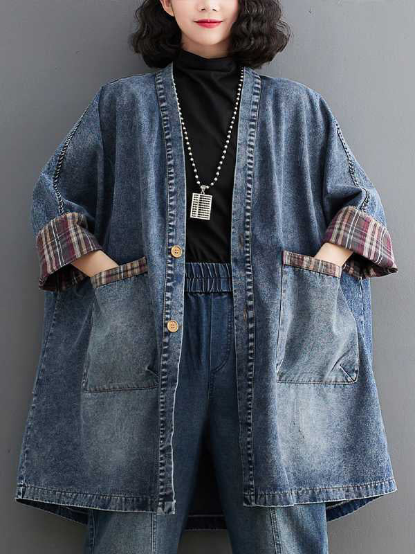 xakxx Long Sleeves Loose Buttoned Plaid Pockets Split-Joint V-Neck Denim Outerwear