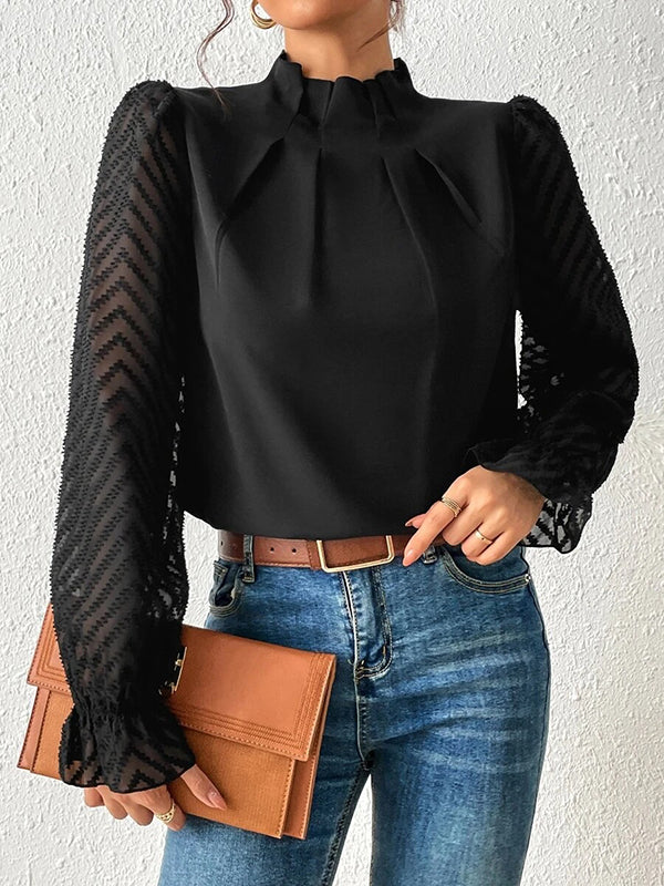 xakxx Long Sleeves Loose Elasticity Mesh Pleated Solid Color Mock Neck Blouses&Shirts Tops