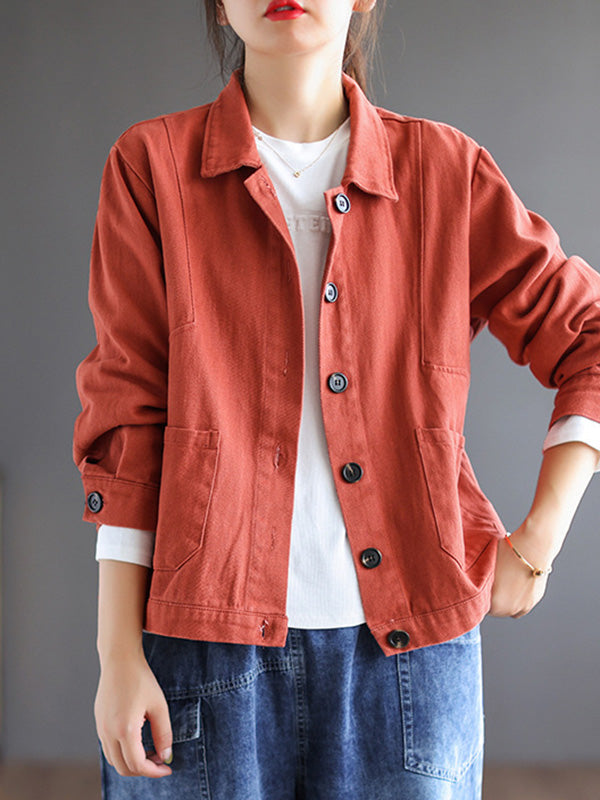 xakxx Vintage Loose Long Sleeves Buttoned Solid Color Lapel Collar Outerwear