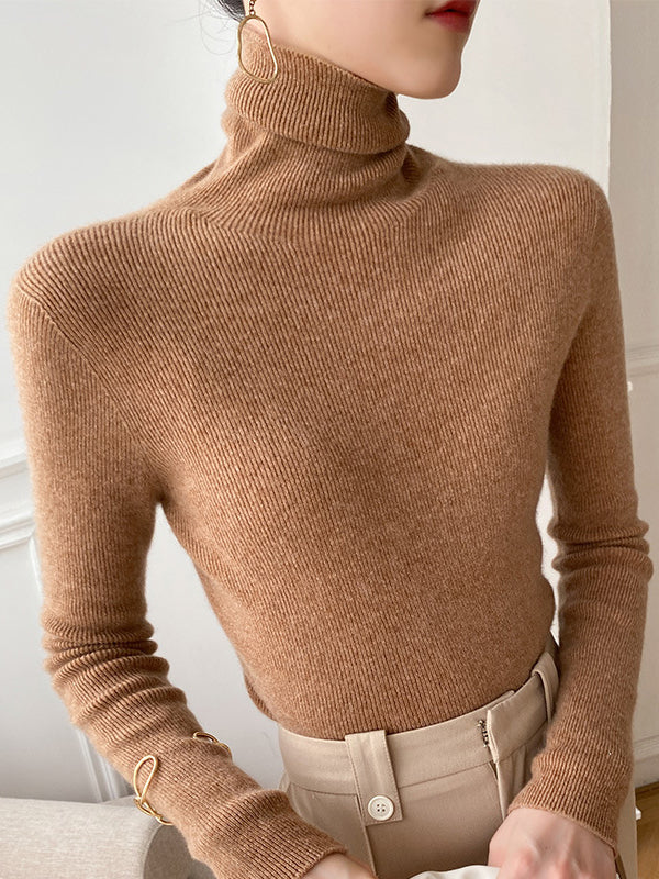 xakxx Simple Skinny Long Sleeves Solid Color Sweater Tops