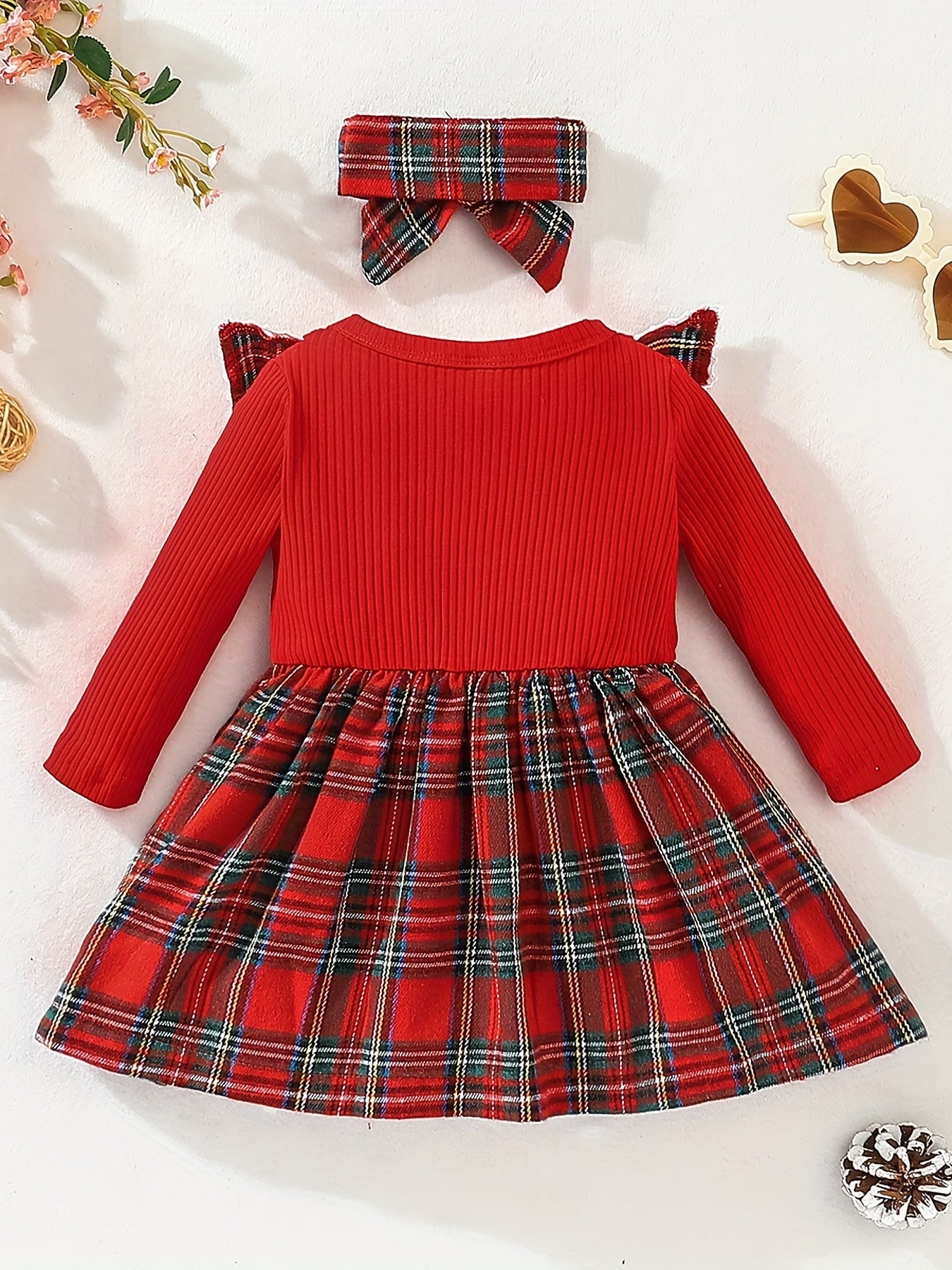 Girls 2pcs Christmas Set Ribbed Knit Plaid Flutter Trim And Bow Dress & Plaid Headband Set, Comfy Sets For Party, Gift, Christmas