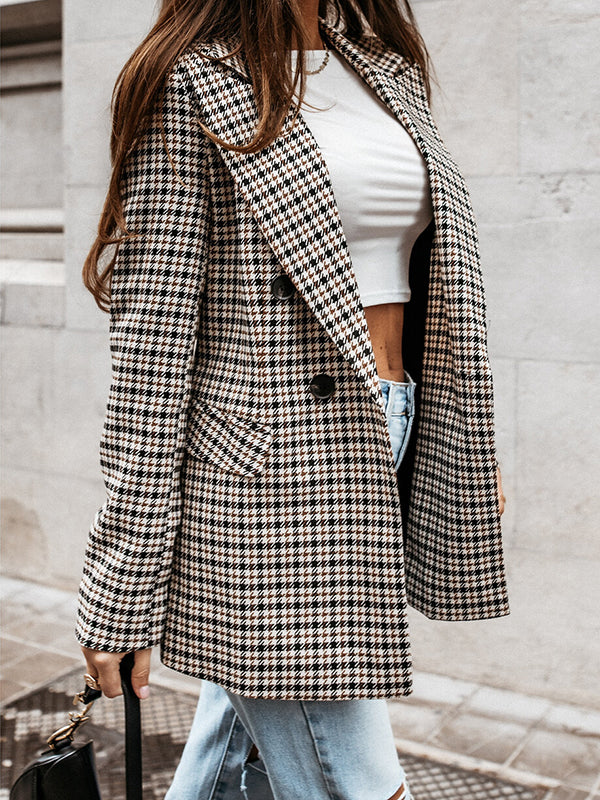 xakxx Long Sleeves Loose Buttoned Houndstooth Notched Collar Blazer Outerwear