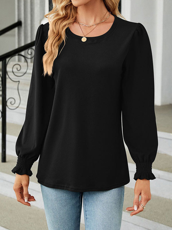 xakxx Long Sleeves Loose Elasticity Solid Color Round-Neck T-Shirts Tops