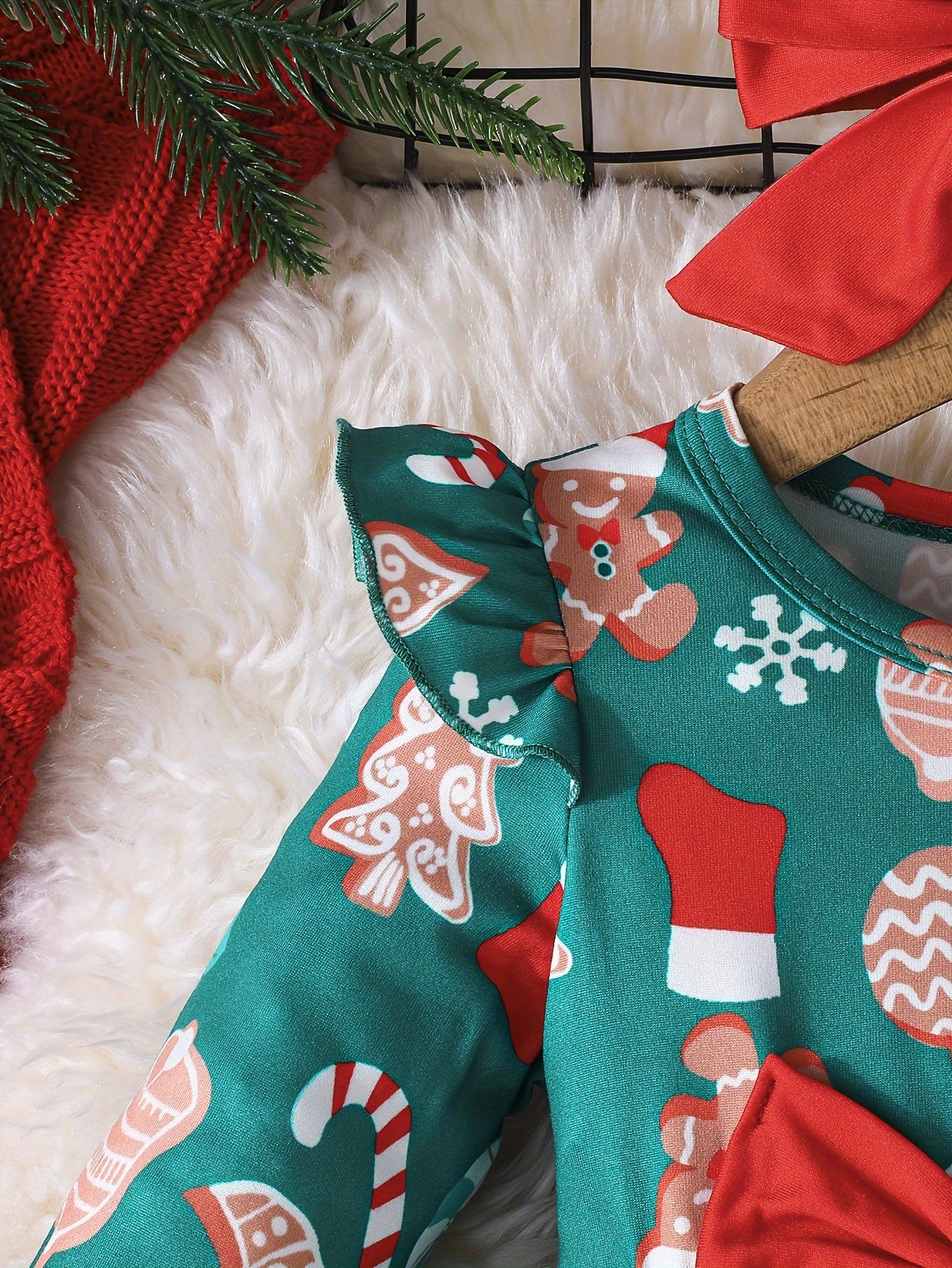 Adorable Girls' Christmas Dress with Festive Print & Matching Solid Color Headband - Long Sleeve, Round Neck, Machine Washable - Perfect for Holiday Outfits, Christmas Elements, Girls' Clothing