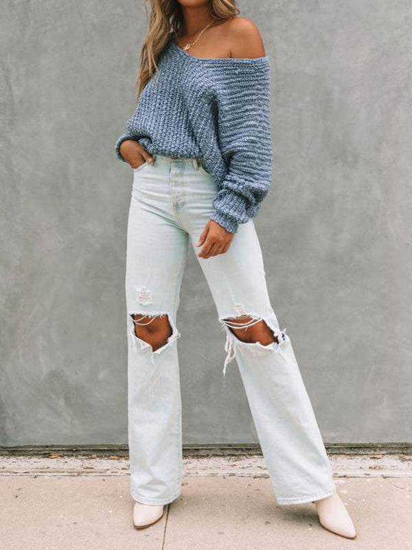 xakxx Long Sleeves Loose Solid Color V-Neck Knitwear Pullovers Sweater Tops