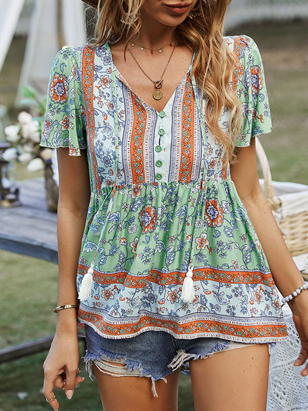 xakxx Loose Short Sleeves Buttoned Flower Print Split-Joint Tasseled Tied V-Neck T-Shirts Tops