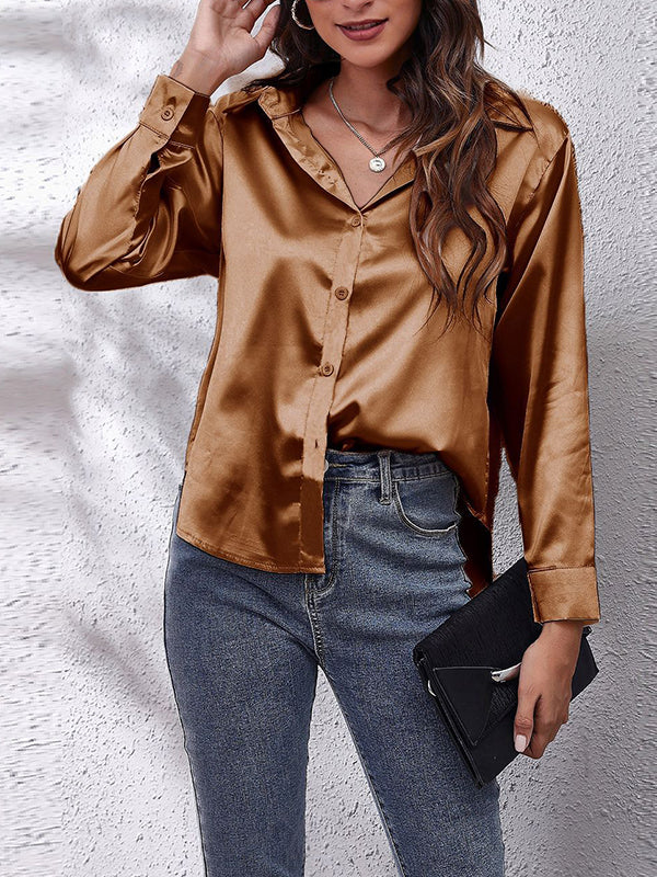 xakxx Long Sleeves Loose Solid Color Lapel Blouses