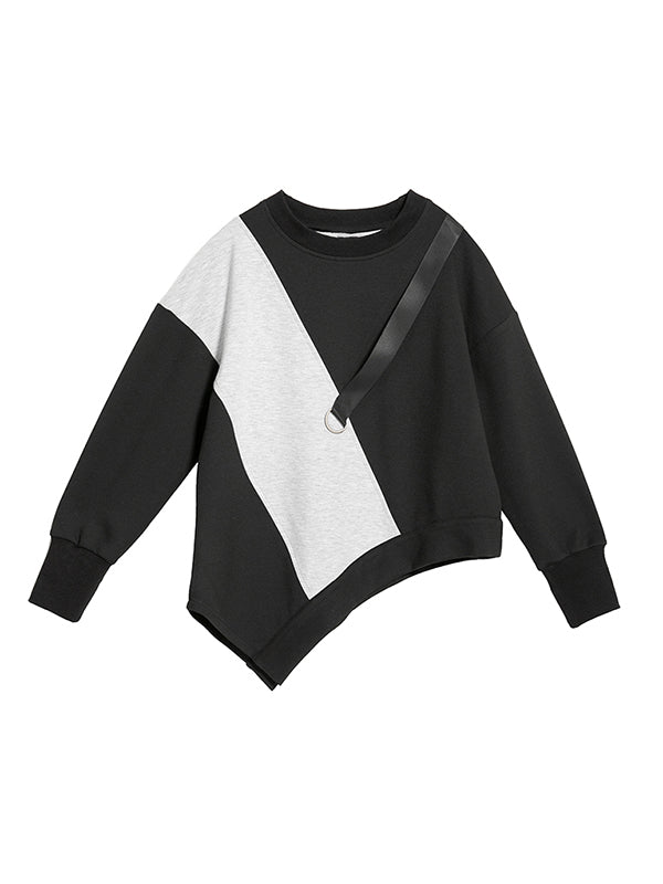 xakxx Stylish Black&Gray Asymmetric Contrast Color Long Sleeves Round-Neck T-Shirt