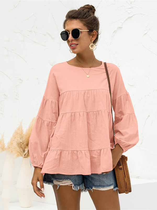 xakxx Casual Long Sleeves Puff Sleeves Solid Color Round-Neck T-Shirts Tops
