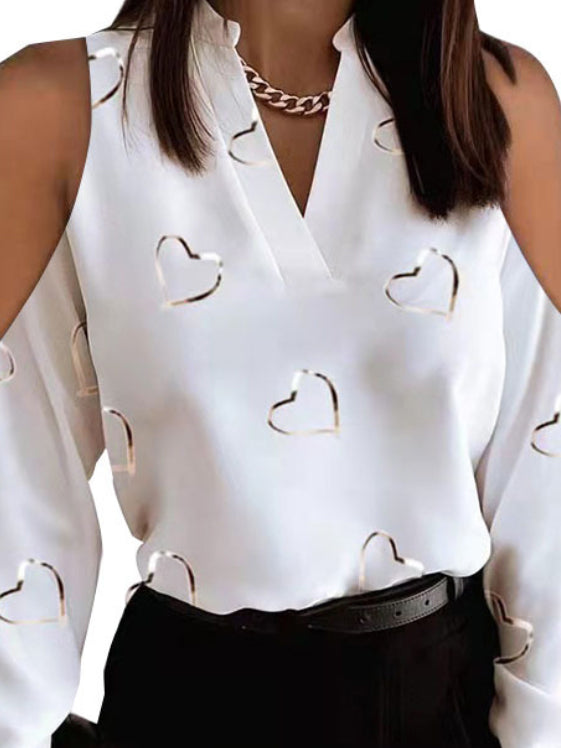 xakxx Original Loving Heart Printed Loose Long Sleeves Hollow V-Neck Blouses&Shirts Tops
